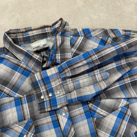 Wrangler Shirt Men's 2XL Wrancher Western Plaid Long Sleeve Pearl Snap Blue Gray - Picture 1 of 11